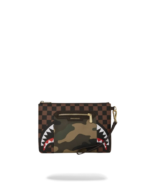 SPRAYGROUND EXTERIOR GOLD ZIP POCKET SHARKS IN PARIS CROSSOVER CLUTCH